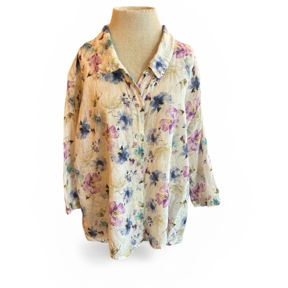 cut loose 100% Linen Cream Floral Button-Down Shirt with Purple & Blue Blooms
